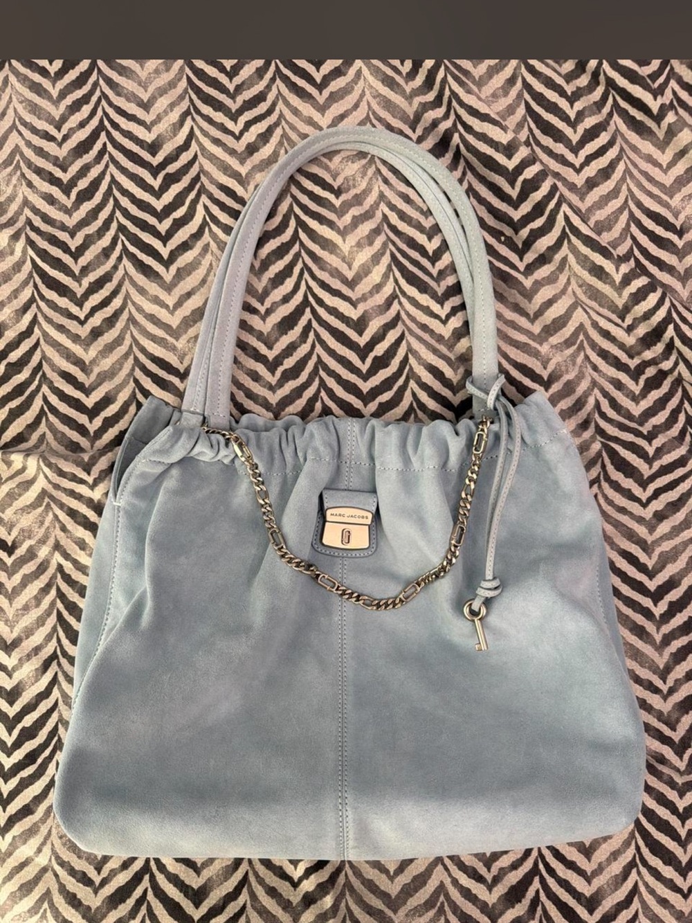Marc Jacobs Pale Blue Suede Shoulder Bag with Chain Accent